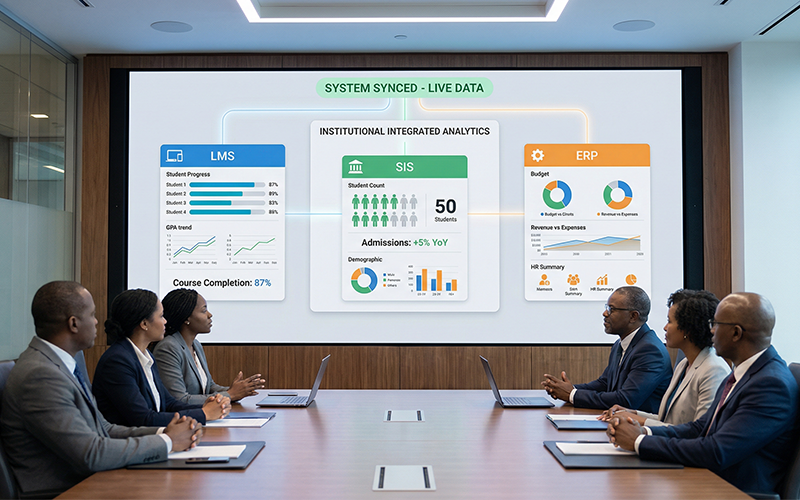 Single unified dashboard combining LMS, SIS, and ERP data into one interface: centralized analytics panel showing student performance, financial insights, and enrollment data; clean modern UI, decision-makers discussing insights around screen, emphasis on integration and data flow