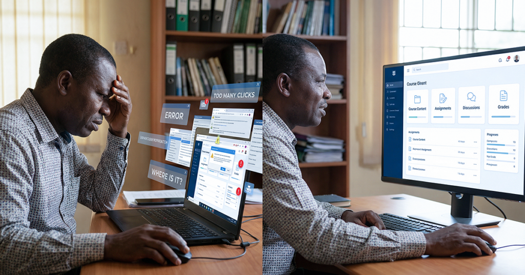 University faculty member sitting in front of a laptop looking confused or overwhelmed while using a complex LMS interface with multiple tabs and unclear navigation; overlay of subtle UI elements showing cluttered dashboard; contrast element: second screen or section showing clean, intuitive LMS interface; represents LMS adoption challenges and usability issues in digital learning