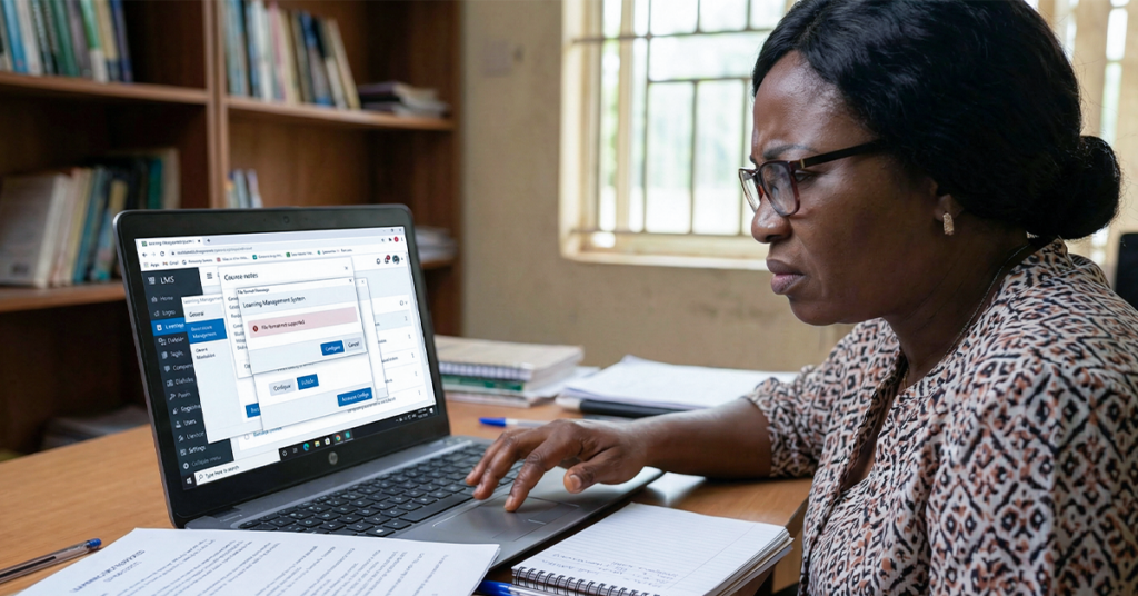 Professor or lecturer attempting to upload course content on LMS, looking unsure; screen shows complicated interface with multiple menus, settings, and unclear workflow; focus on lack of training and difficulty using digital teaching tools