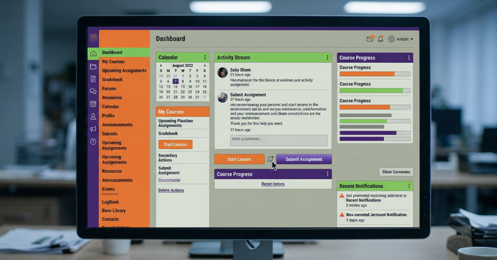 Close-up of confusing LMS dashboard UI: overloaded navigation menus, unclear labels, multiple clicks required to access features; highlight friction in user experience, no human face required, focus purely on interface complexity