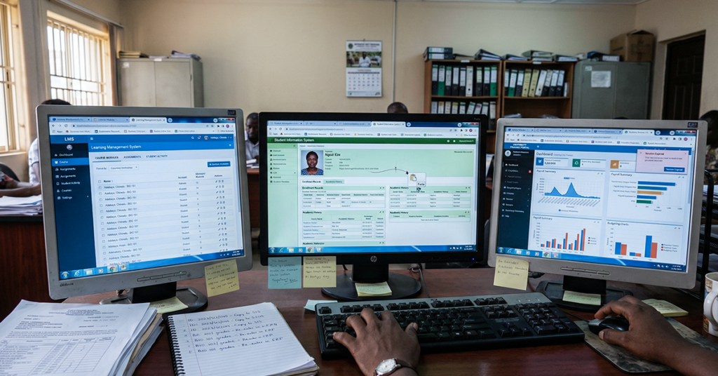 Multiple disconnected systems shown on separate screens: one screen for LMS, one for SIS, one for ERP; no data synchronization, repeated manual data entry visible; admin switching between systems, showing inefficiency and fragmented workflows