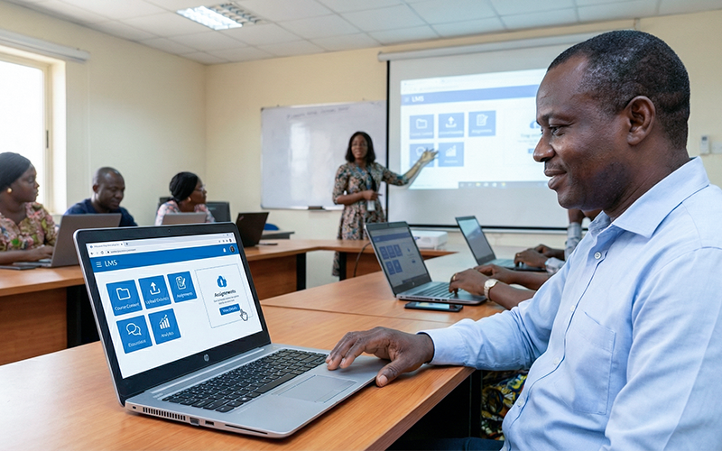 Faculty confidently using a clean, intuitive LMS interface with: simple navigation, course upload, student engagement tools, analytics dashboard; training session or onboarding scenario with support team guiding faculty; clear contrast with earlier struggle visuals