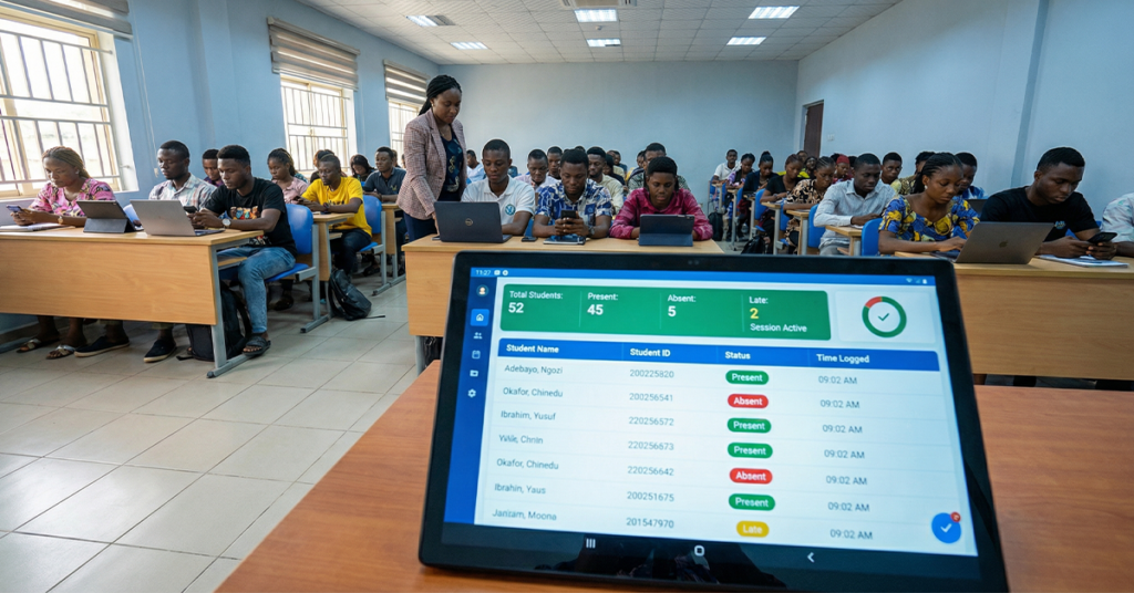 Modern university classroom with students seated and using devices; student attendance tracking system large screen or tablet in foreground showing a student attendance tracking system dashboard with real-time attendance status (present/absent indicators, timestamps, student list); clean UI, structured data, faculty member monitoring attendance digitally; focus on automation and real-time visibility