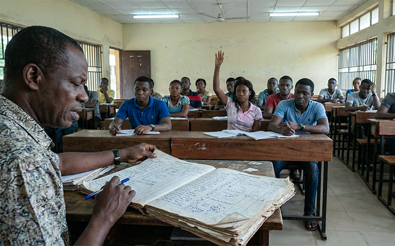 Lecturer marking attendance on paper register in classroom; student attendance tracking system students raising hands while one student marking proxy for another; messy notebook, time-consuming process; clear inefficiency and lack of control
