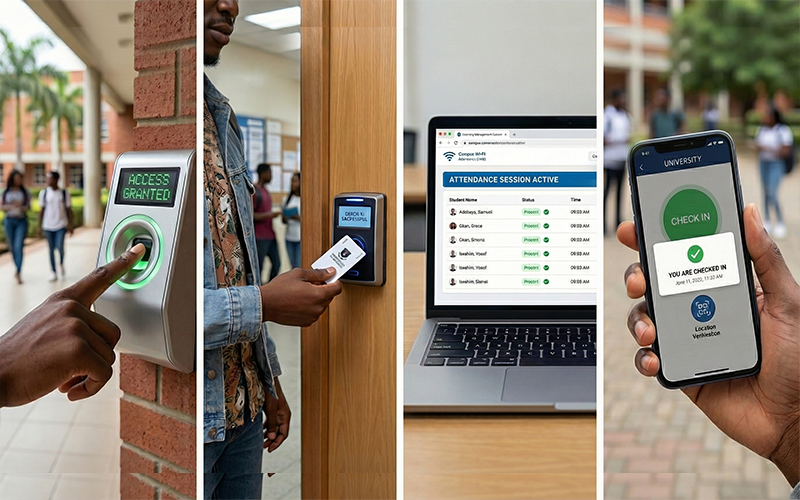 Composite visual showing 4 systems side-by-side: student attendance tracking system biometric fingerprint scanner in university entry student tapping RFID card LMS attendance screen on laptop mobile app check-in interface each clearly separated, showing scalability and options