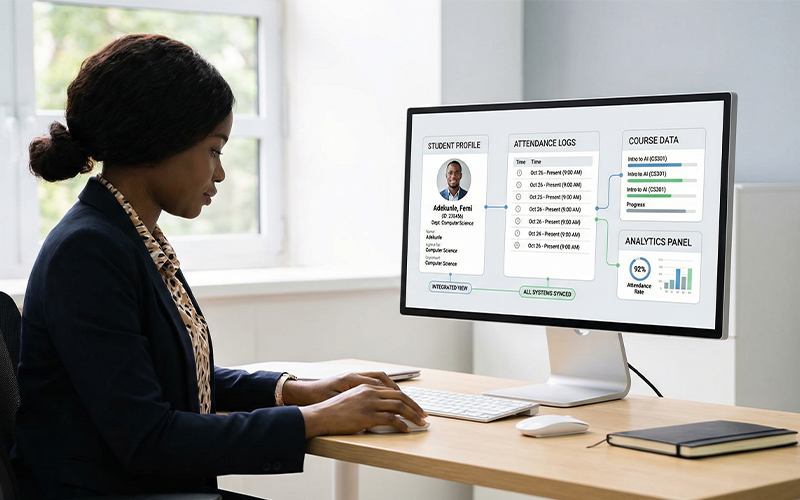 Unified platform interface combining attendance with LMS/SIS: student attendance tracking system student profile attendance logs course data faculty or admin interacting with centralized dashboard; focus on integration and workflow efficiency