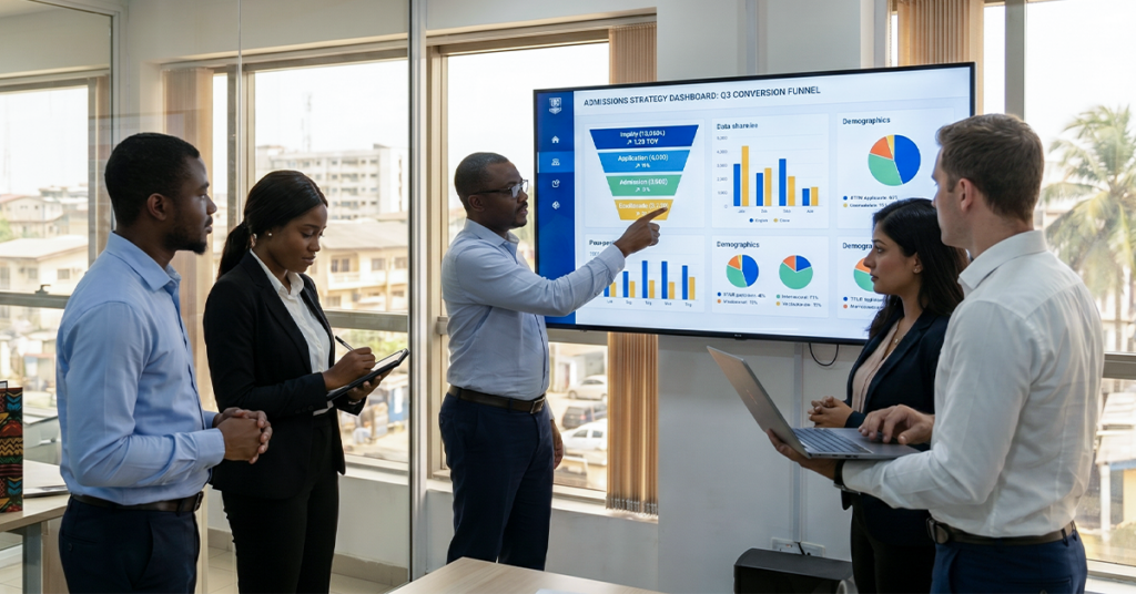 University admissions team in a modern office reviewing a dashboard on a large screen; screen shows application funnel (inquiry → application → enrollment), conversion metrics, and student data; African and international staff mix; visual should communicate admissions as a business growth engine, not admin work