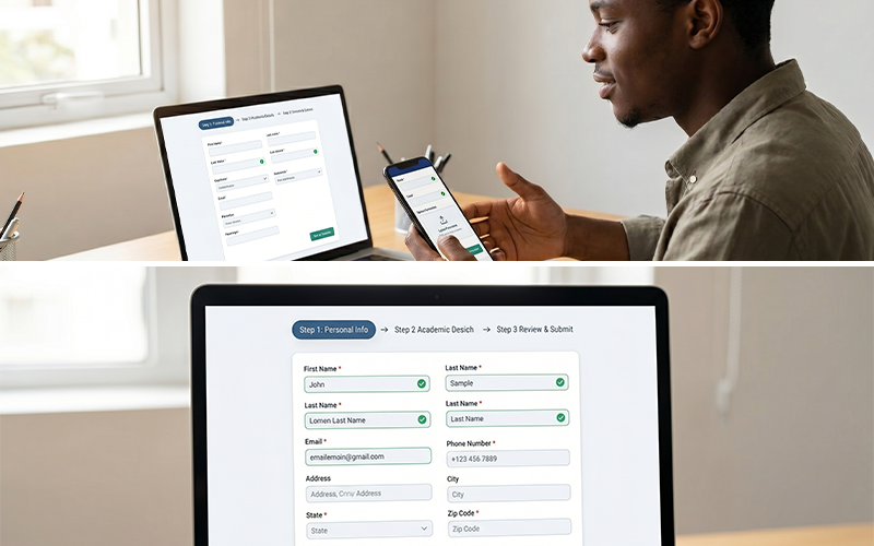 Clean UI of an online admission portal: student filling application form progress bar (step 1, step 2, step 3) document upload section mobile + laptop view to show accessibility