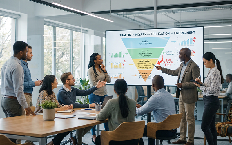 Visual funnel displayed on screen or whiteboard: traffic → inquiry → application → enrollment drop-off percentages team discussing the funnel; represents conversion thinking and optimization