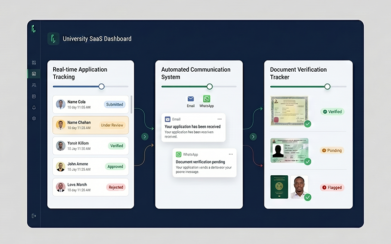 Admissions dashboard with: real-time application status automated email/WhatsApp notifications document verification tracker user interacting with system; shows automation + visibility + speed