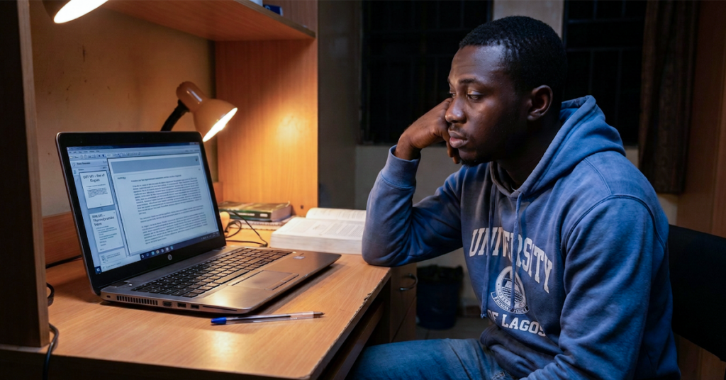 University student using laptop with dull LMS interface; expression shows boredom or disengagement; screen looks static (PDF, text-heavy content); contrast between usage vs actual learning outcome