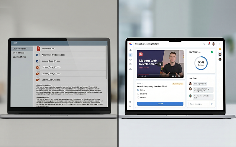 Split screen: Left: static LMS (documents, slides, no interaction) Right: interactive platform (quizzes, video, progress tracking, chat) clearly shows system vs product experience difference