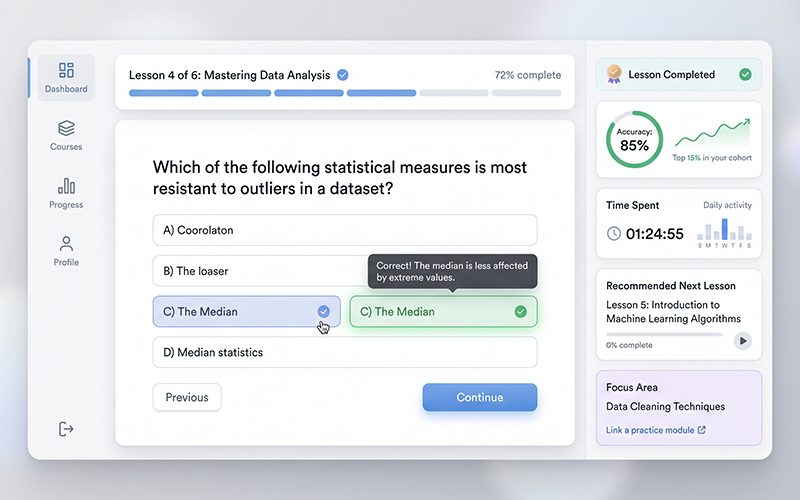 Student actively engaged: interactive quiz on screen progress bar analytics or feedback visible modern UI; represents engagement + personalization