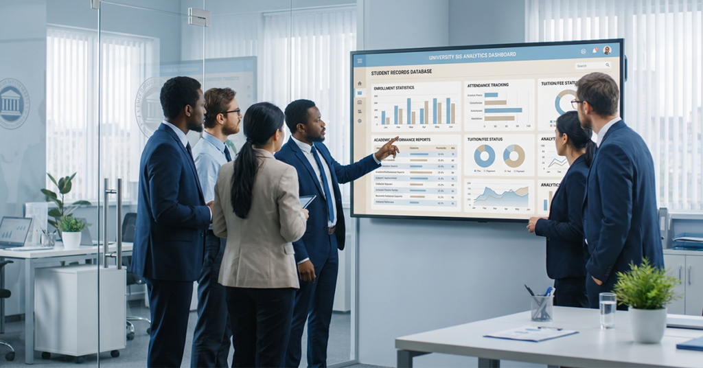 University administrator and registrar team in a professional office reviewing a large dashboard on screen; screen shows student records, enrollment numbers, attendance, fee status, and academic reports; African and international staff mix; clean institutional setting; visual should represent a student information system for universities as the central operational platform, Student Information System
