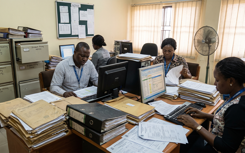 Administrative office with: 

paper files stacked 

spreadsheets open on desktop 

scattered student forms 

staff handling records manually 

slightly stressed environment; 

represents disconnected systems and operational inefficiency 