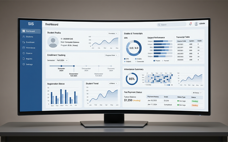 Laptop or large monitor showing: 

student profile records 

enrollment tracking 

grades and transcripts 

attendance summary 

fee payment status 

modern UI design; 

clear visual for student information system software for higher education.
Student Information System
 