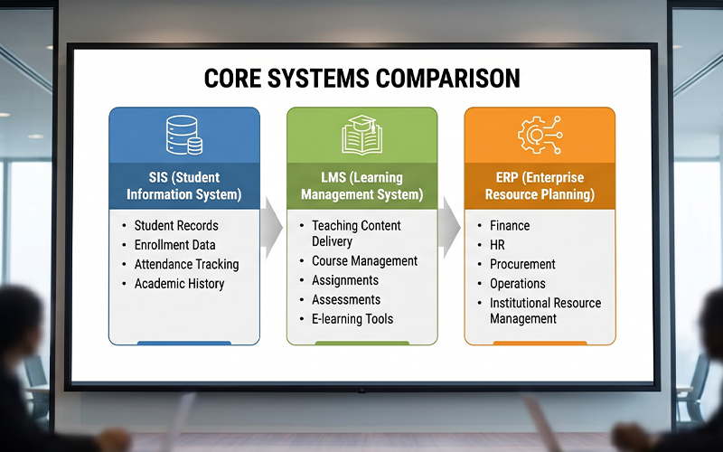 Professional meeting with screen showing a structured comparison: 

SIS = student records 

LMS = teaching and learning 

ERP = finance and operations 

clear labeled visual; 

helps explain system roles simply 