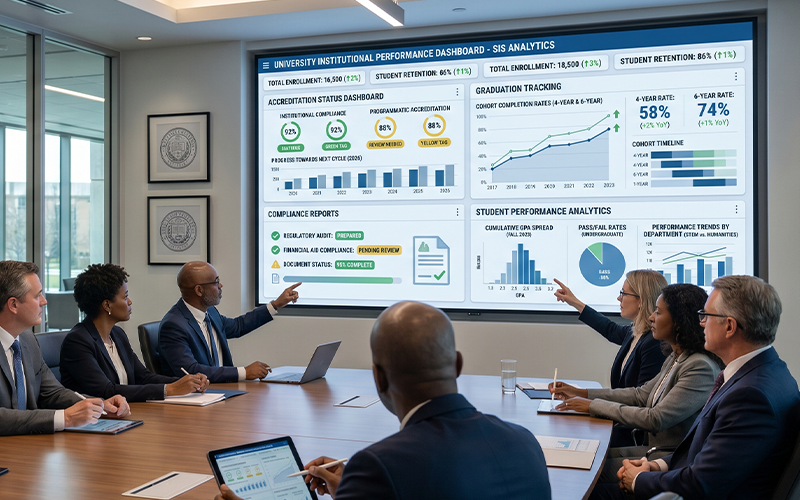 University leadership team reviewing reports: 

accreditation dashboard 

graduation tracking 

compliance reports 

student performance analytics 

represents institutional visibility and decision-making through SIS 