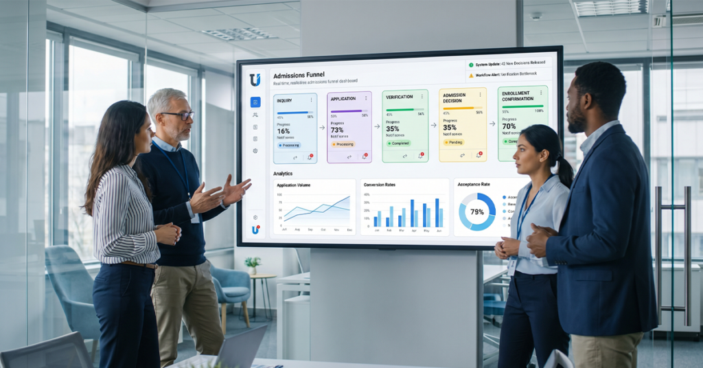 Admissions team in university office reviewing a live admissions dashboard on screen; visible funnel stages: inquiry application verification admission decision enrollment confirmation professional university environment; shows admissions automation for universities as a growth system