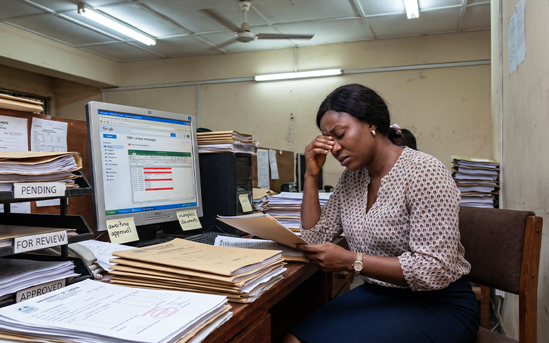 Desk with: paper applications email overload spreadsheets delayed approval notes staff looks overwhelmed; represents slow admissions process and admin overload