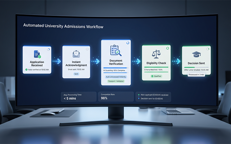 Digital workflow visual on screen: application received instant acknowledgment document verification eligibility check decision sent step-by-step automation shown clearly; represents automated admissions system