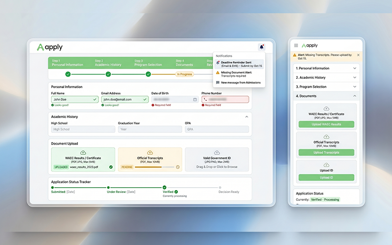 Modern online portal showing: student application form document upload section application status tracker automated reminders mobile + desktop view; represents Apply Portal by Vigilearn in practical use
