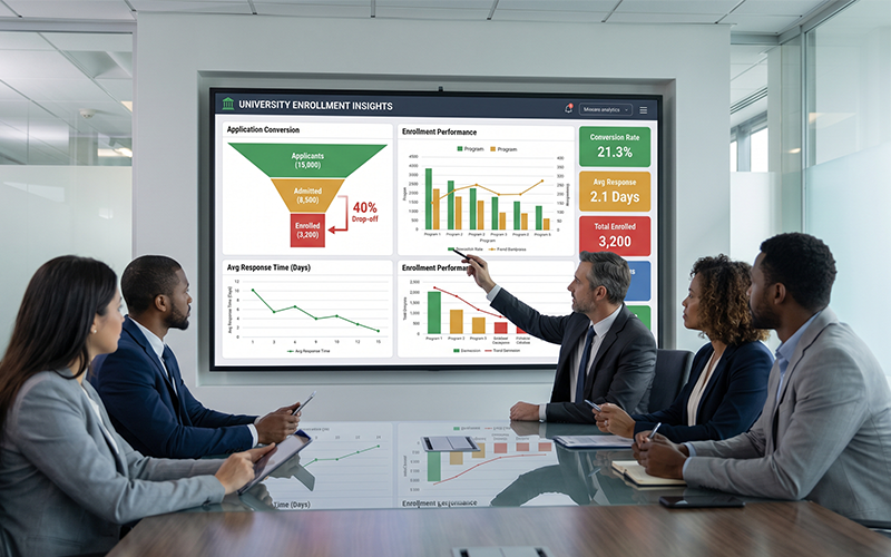 University management reviewing dashboard with: application conversion rates response time metrics drop-off points enrollment performance charts shows data-driven decision making and enrollment optimization