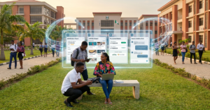 Modern African university campus blended with digital interface overlay; students using laptops and mobile devices while interacting with a unified platform showing admissions, LMS, payments, and communication tools; dashboard UI floating across campus scene connecting systems; represents digital campus university Africa as a connected ecosystem, not just a tool