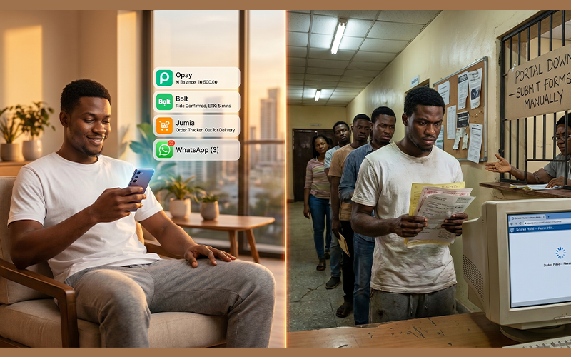 Split visual:
Left side: student using seamless apps (banking, ride-hailing, e-commerce) on mobile
Right side: frustrated student dealing with slow university portal, paperwork, long queues
shows expectation gap between modern digital experience and outdated university systems