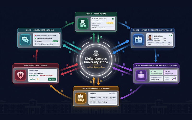 System architecture diagram showing: Apply portal Student Information System (SIS) Learning Management System (LMS) Examination system Payment system Communication tools all connected with data flow arrows; represents complete digital learning environment higher education