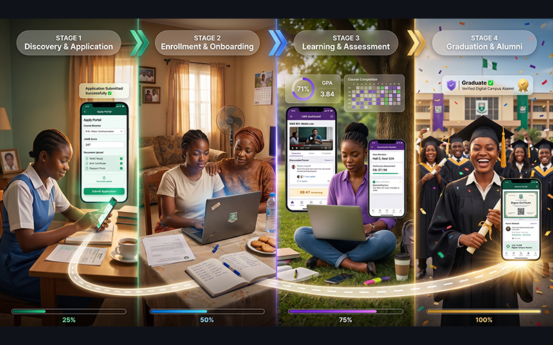 Four-stage journey visual: Discovery & Application Enrollment & Onboarding Learning & Assessment Graduation & Alumni each stage showing digital touchpoints and student interactions; focus on frictionless experience across entire lifecycle