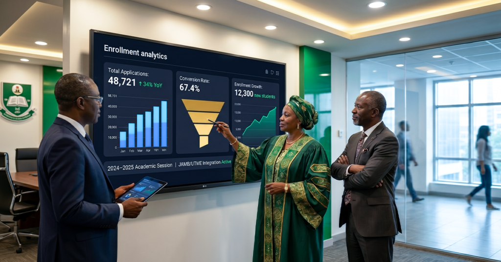 African university leadership reviewing enrollment growth dashboard on large screen; metrics visible: applications conversion rates enrollment growth students interacting digitally in background; represents university enrollment technology Africa driving measurable growth