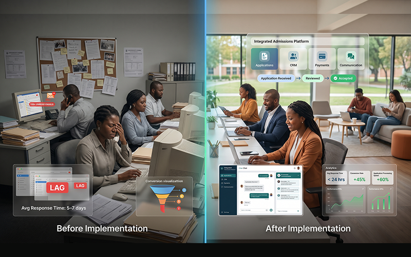 Side-by-side comparison: Before: manual admissions slow response low conversion After: automated workflows faster processing higher enrollment realistic improvement metrics shown; represents impact of proper implementation, not just tools