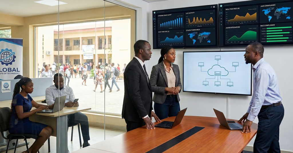 Modern African university IT leadership team reviewing cloud-based campus management dashboards on large digital screens; visual comparison between outdated server room infrastructure and modern cloud-connected university systems; students and faculty accessing LMS and admissions platforms remotely on laptops and mobile devices; professional higher education technology environment representing cloud-based university management system Africa