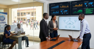 Modern African university IT leadership team reviewing cloud-based campus management dashboards on large digital screens; visual comparison between outdated server room infrastructure and modern cloud-connected university systems; students and faculty accessing LMS and admissions platforms remotely on laptops and mobile devices; professional higher education technology environment representing cloud-based university management system Africa