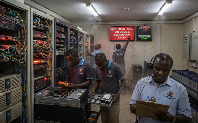 University server room with aging infrastructure, tangled hardware systems, IT staff handling maintenance issues, power backup equipment, and system downtime alerts; visual showing operational pressure caused by traditional on-premise university software