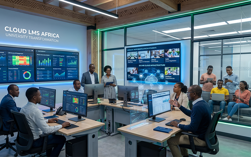 African university administrators using centralized cloud dashboards for: admissions LMS access student information systems examination management analytics reporting students accessing systems remotely through mobile phones and laptops; represents cloud LMS Africa and SaaS university platform Africa