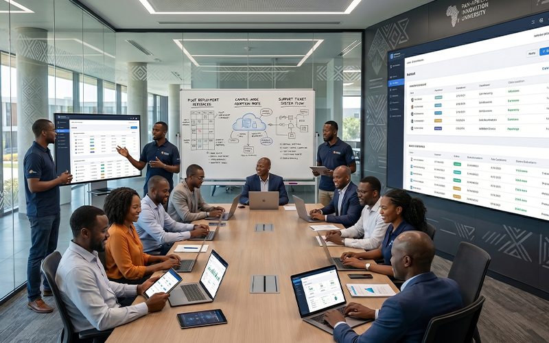 IT and university operations teams planning migration from on-premise infrastructure to cloud-native systems; visuals include migration roadmap, data transfer dashboards, onboarding support sessions, and phased rollout planning; represents digital infrastructure higher education Africa modernization