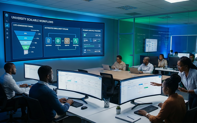 Growing university operations center using CRM integrations, automated admissions workflows, centralized student systems, and reporting dashboards; staff coordinating digital enrollment processing and academic operations efficiently; represents university enrollment growth technology and growing university platform workflows