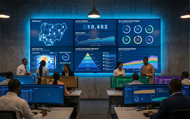 Large higher education institution managing thousands of students across multiple campuses using enterprise dashboards, role-based access systems, LMS analytics, and centralized operations monitoring; visual showing LMS scale higher education and enterprise-ready infrastructure