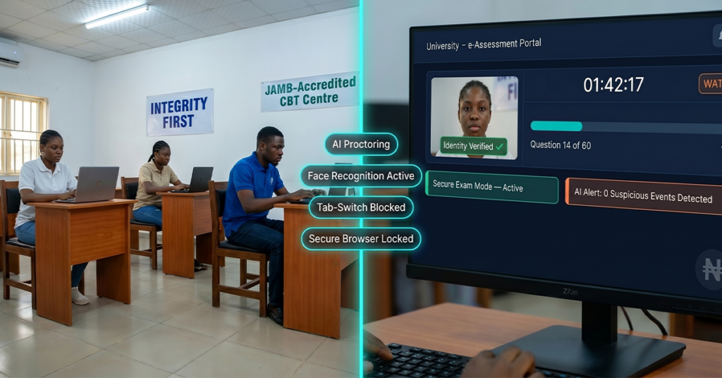 Modern African university online examination environment with students taking secure digital exams on laptops inside a monitored virtual assessment platform; dashboard showing AI proctoring alerts, identity verification, browser lockdown system, and online examination security university Africa workflow; professional higher education technology atmosphere with strong academic integrity focus