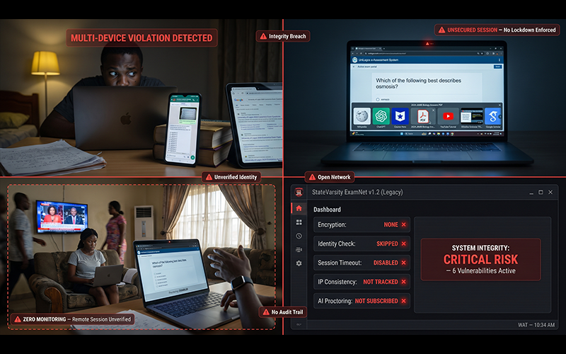 Split-screen university examination scene showing: student attempting multi-device cheating unsecured browser tabs during online exams lack of monitoring in remote assessment environment vulnerable digital examination university setup visual representation of academic integrity online exams risks in poorly managed systems