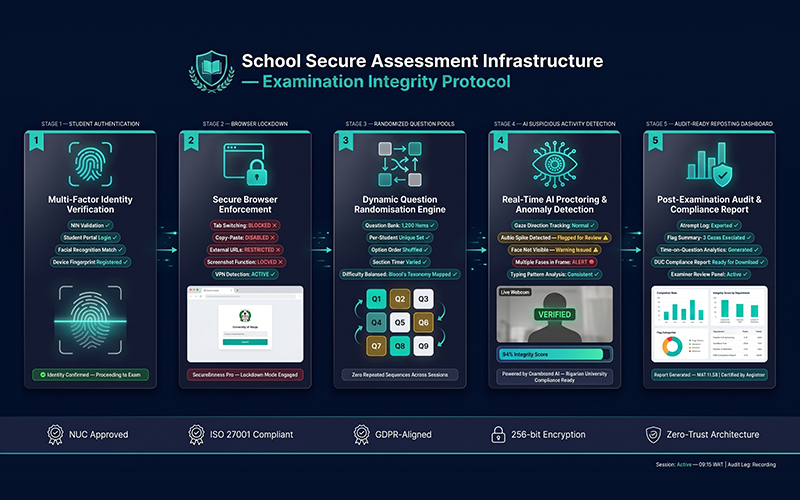 Professional infographic-style digital assessment security workflow including: student authentication browser lockdown randomized question pools AI suspicious activity detection audit-ready reporting dashboards clean enterprise education technology layout for secure online examination system infrastructure