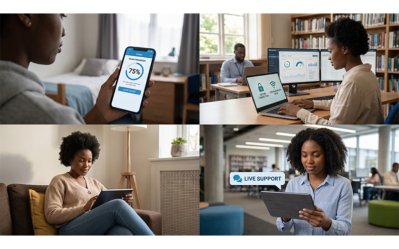 African university students using mobile-friendly online examination platforms with: clear exam interface low-bandwidth compatibility live assessment monitoring accessible digital exam workflow balanced visual showing security without harming student experience