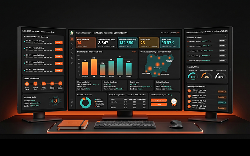 Institutional examination management dashboard inspired by Vigilearn ecosystem featuring: cloud-based examination portal integrated Ediify LMS workflows real-time exam analytics academic reporting systems scalable assessment delivery infrastructure professional African higher education digital transformation environment