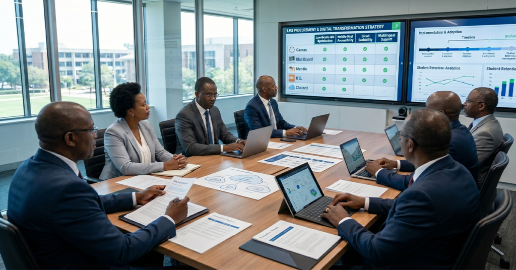 African university leadership team evaluating LMS platforms inside a modern boardroom with large digital dashboards displaying LMS comparison charts, mobile learning interfaces, student engagement analytics, and cloud-based LMS university infrastructure; professional institutional procurement and digital transformation atmosphere