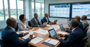 African university leadership team evaluating LMS platforms inside a modern boardroom with large digital dashboards displaying LMS comparison charts, mobile learning interfaces, student engagement analytics, and cloud-based LMS university infrastructure; professional institutional procurement and digital transformation atmosphere