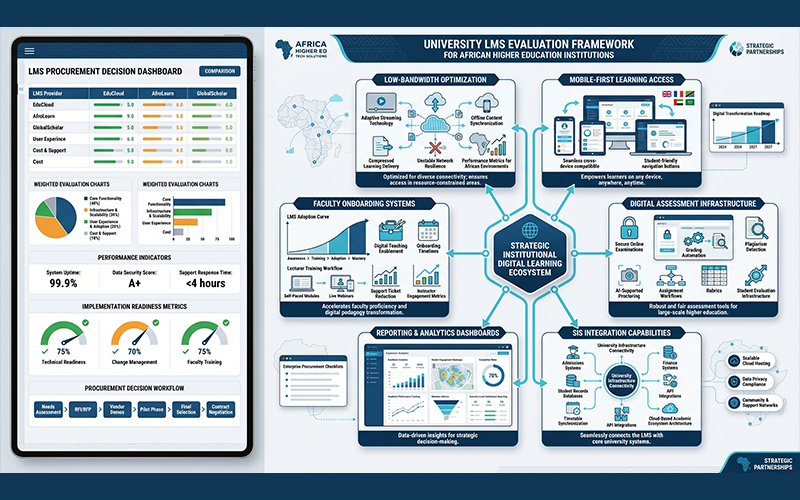Detailed visual showing university LMS comparison criteria including: low-bandwidth performance mobile-first learning access faculty onboarding assessment systems reporting dashboards SIS integrations clean strategic procurement infographic for how to choose an LMS for universities Africa