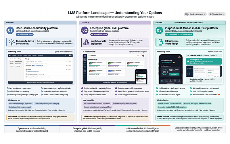 Three-column comparison visual representing: Moodle open-source ecosystem enterprise LMS interface similar to Canvas purpose-built African LMS platform with mobile-first design professional balanced comparison layout without aggressive branding or competitor criticism