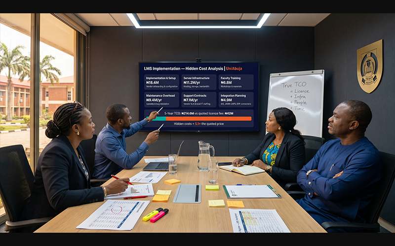 University finance and IT teams reviewing LMS budgeting documents showing: implementation costs server infrastructure faculty training expenses maintenance overhead support contracts integration planning institutional technology investment and procurement planning scene